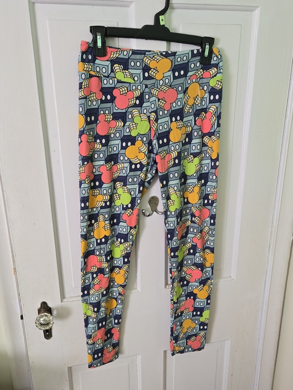 LuLaRoe Navy Leggings with Multicolor Mickey-Style Print